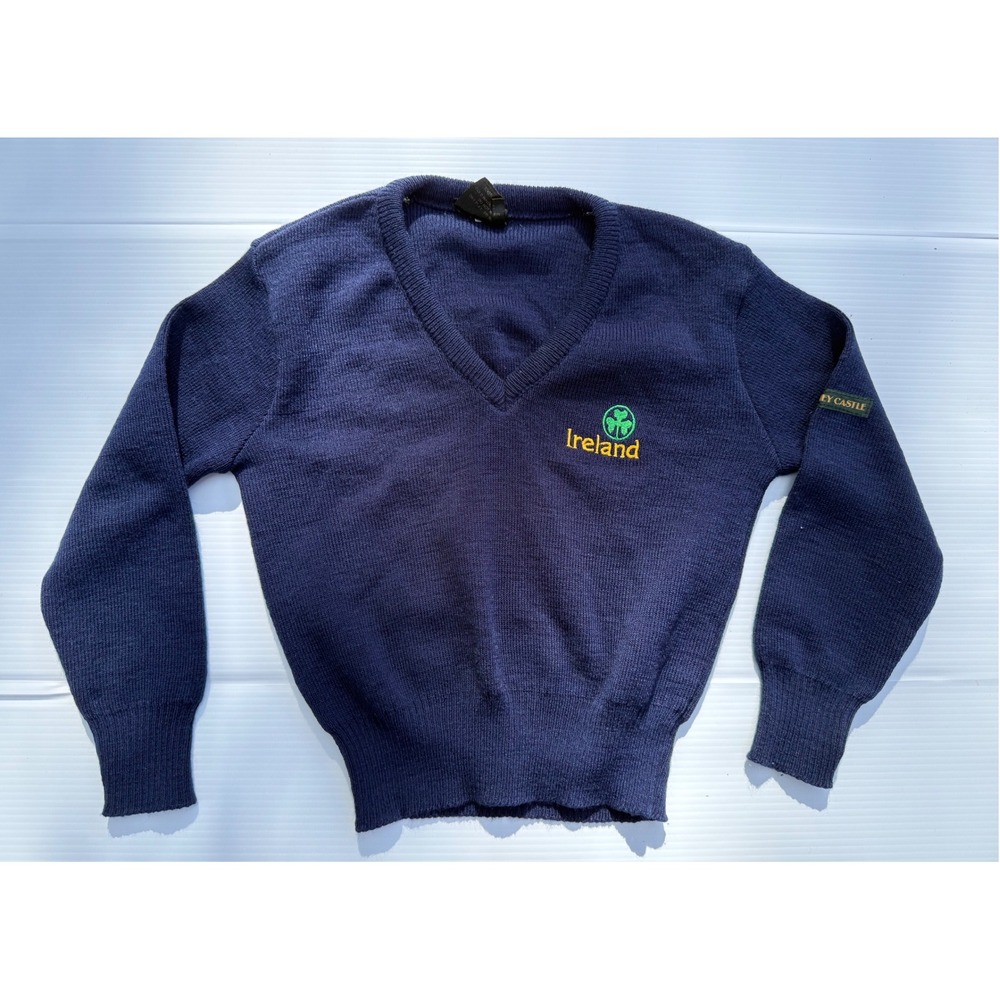 Blarney Castle Knitwear Ireland V-Neck Sweater Kids Navy Blue Shamrock Vintage - Picture 2 of 6